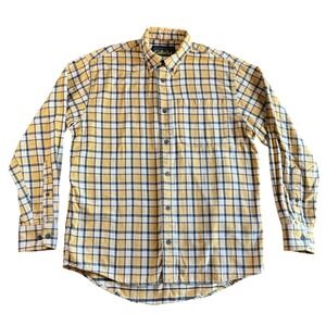 Cabela's Mens Flannel Shirt Button Up Plaid Yellow Black White Medium Regular
